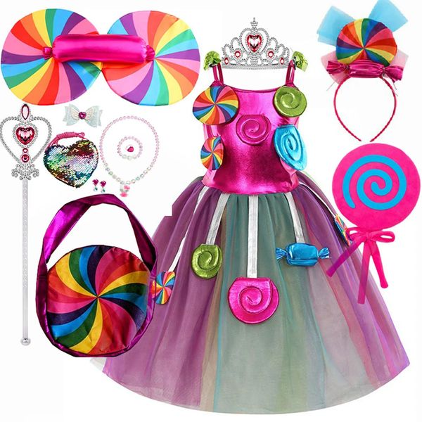 Vestidos da menina doce pirulito doces crianças vestido carnaval festa menina traje de aniversário fantasia arco-íris tutu crianças roupas de casamento 2 8t 231128