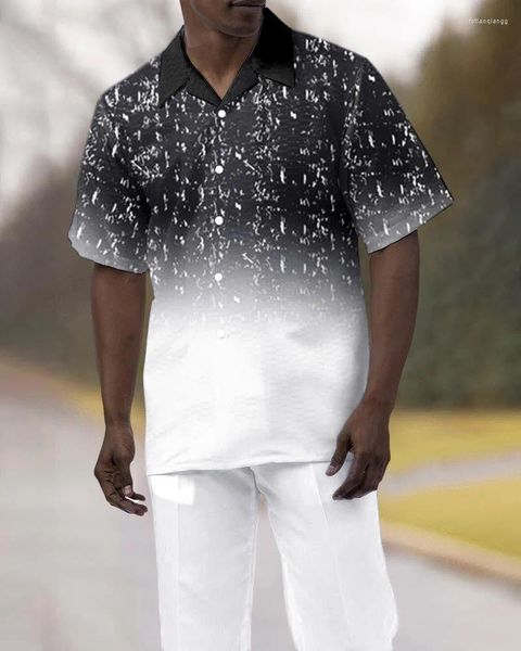 Tracksuits masculinos 2023 camisa de manga curta terno calças de duas peças rua casual preto impresso lapela single-breasted andando 4xl