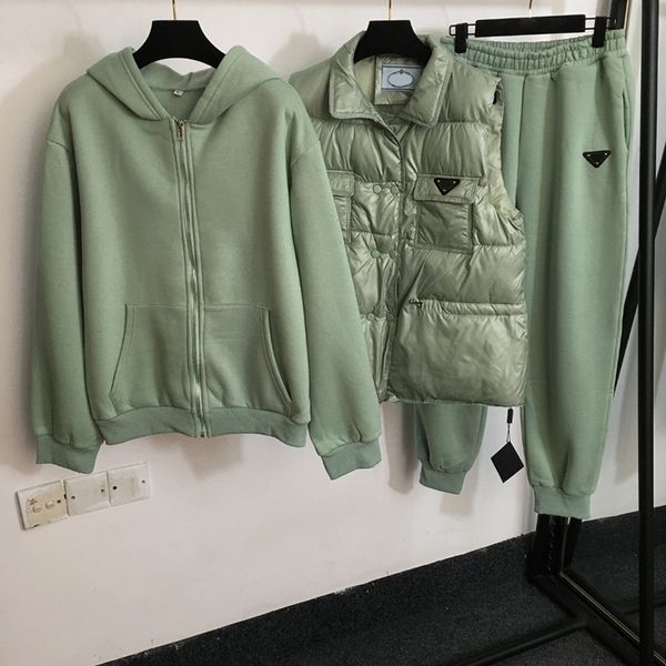 Inverno algodão coletes fatos de treino luxo três peças agasalho feminino marca hoodies calças verde toque macio casaco