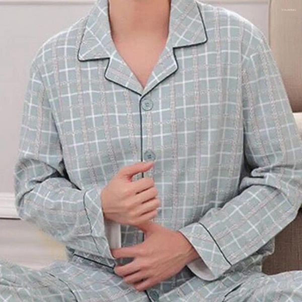 Pijamas masculinos impressos família loungewear elegante primavera/outono conjunto de pijama com gola de lapela mangas compridas de secagem rápida lavável