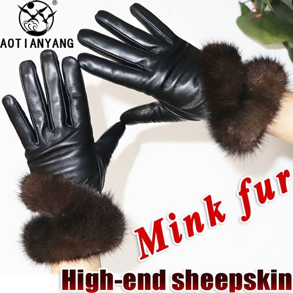 Перчатки без пальцев Высококачественные перчатки из овчины и норки, кожаные перчатки из меха кролика рекса, женские зимние перчатки для вождения, перчатки с сенсорным экраном, подлинные 231128