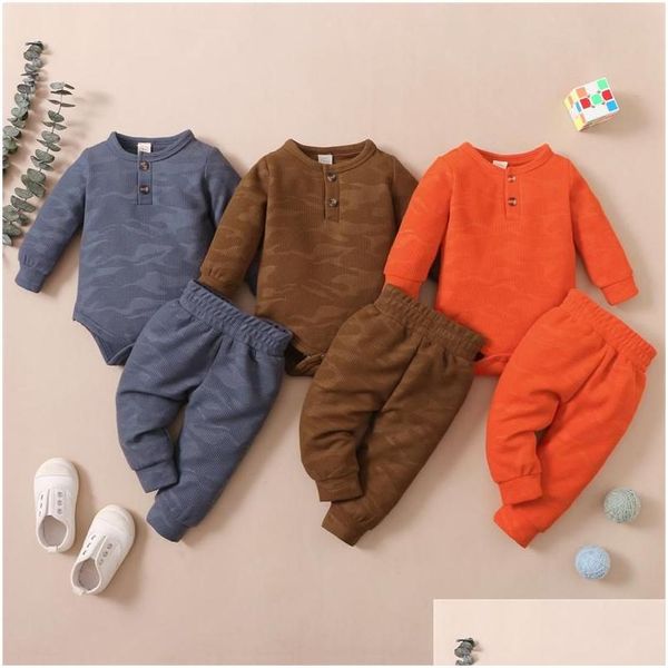 Conjuntos de roupas Conjuntos de roupas 0-12m Bebês Casuais Conjunto de duas peças Manga comprida Camuflagem Padrão Impresso Macacão e Calças Outono Outfits F Dhvzs