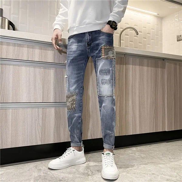 Jeans da uomo per uomo tubo stretto pantaloni da cowboy maschili pantaloni slim fit patchwork azzurro skinny larghi 2023 moda stile coreano di lusso