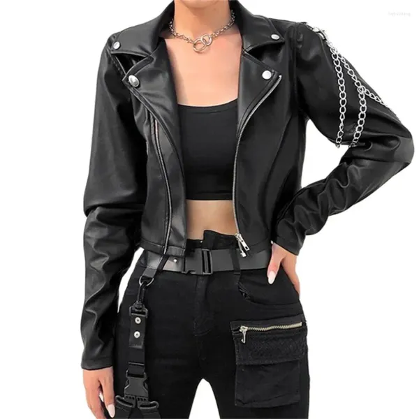 Jaquetas femininas de couro Vangull Faux Cropped Mulheres Punk Harajuku Casaco Preto Mulher Gótico Manga Longa Casaco com Correntes Outwears Tops