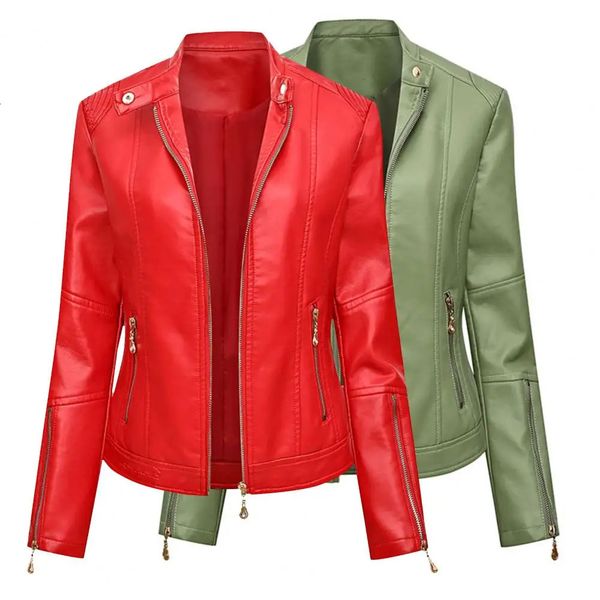 Abrigo de primavera de imitación de cuero para mujer Solis Color elegante chaqueta de motociclista de PU cuello vuelto traje con cremallera cárdigan motocicleta Outwear 231129