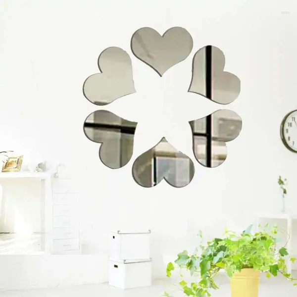 Adesivi murali Argento Specchio acrilico fai-da-te Cuore Amore Set per soggiorno Camera da letto Decorazione decalcomanie per la casa