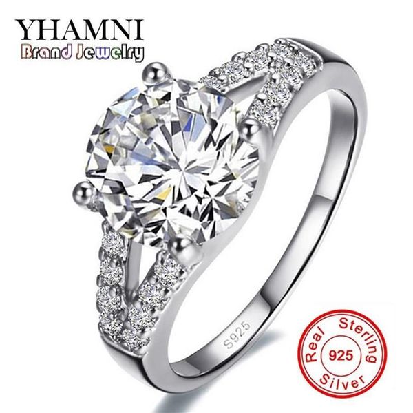 YHAMNI Anelli di nozze in vero argento massiccio per le donne Intarsio Sona 2 carati CZ Anello di fidanzamento con diamanti 925 gioielli in argento sterling J22154