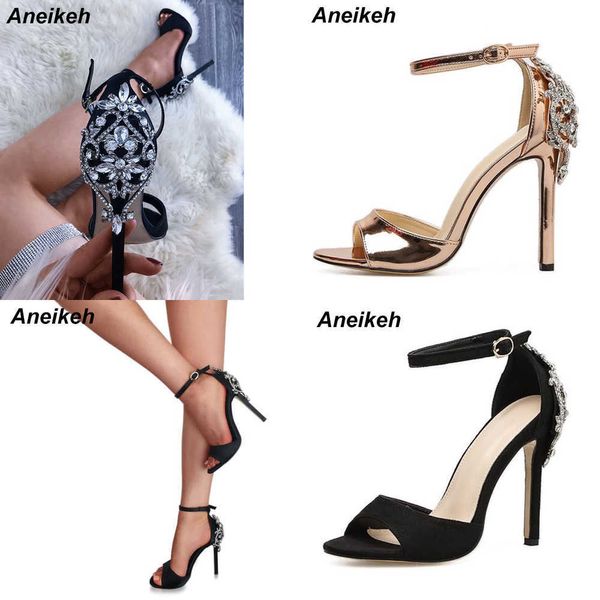 Sandalet Rhinestone Stiletto Lady Seksi Kristal İnce Topuklu Sandal Kadın Ayak Bilgi Kayışı Gelinlik Ayakkabıları Pompalar Boyut 35-42 Siyah 230316