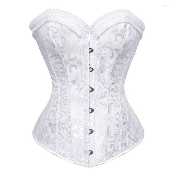 Bustiers Korsetts Weißes Korsett mit Spiralstahl ohne Knochen Vintage Spitzenbesatz und Taillentrainer Abnehmen Clubwear Sexy Dessous S-6X