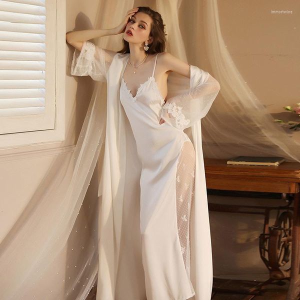 Momento de sono feminino Sexy Nightgown Longe Bathrobe Nightdress feminino Satimo Longa Casta Transparente Use Pijamas de Cuço de Renda Fina