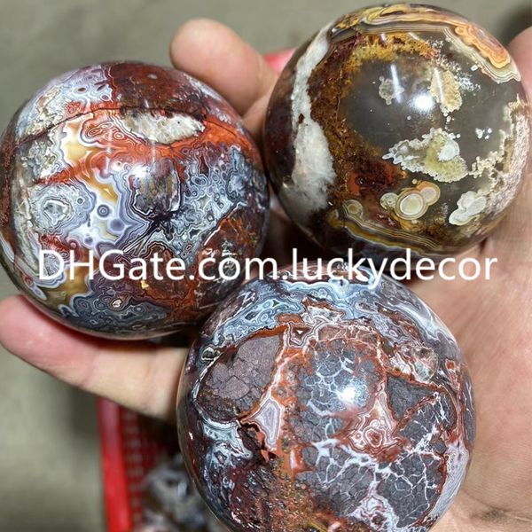 Naturale messicano pazzo pizzo agata sfera arti incredibilmente splendido bianco grigiastro rosso onice druzy geode cristallo di quarzo sfera di divinazione lucida risata gemma sfera