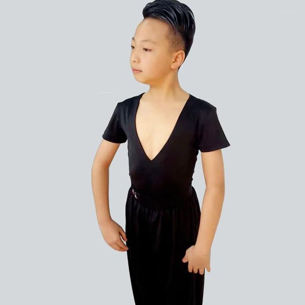 Abbigliamento da palcoscenico Ragazzi Top da ballo latino Abiti da ballo per bambini Nero Manica corta Scollo a V profondo Camicie da ballo Tuta maschile BL3896