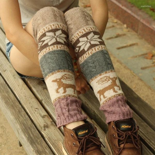 Calcetines de mujer Retro copo de nieve Ly lana invierno cálido tejer botas altas hasta la rodilla puños regalo de moda polainas