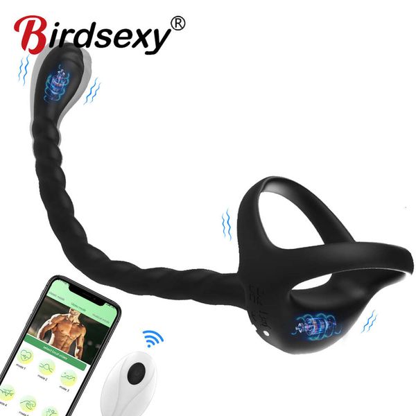 Brinquedos sexuais massageador anel peniano vibrador de próstata brinquedos para homens app sem fio 10 modo testículo massagem anal butt plug pênis masculino 18