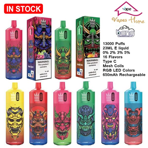 Original Bang King Tornado 13000 Puffs Caneta Vape Descartável 13k Puff Vape Bang 23ml Cartuchos Pré-carregados Pod 650mAh Bateria Recarregável LED Cor Clara