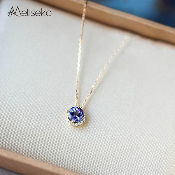 Chokers Metiseko 925 colar de prata esterlina azul escuro claro zircão cúbico sol lua pingente 14k banhado a ouro gargantilha elegante para mulheres 231129
