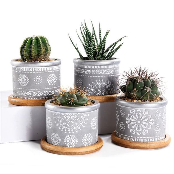 4In Set 2 Vasi da fioriera in cemento da 95 pollici Vaso da fiori per cactus Vaso da fiori per interni Piccolo contenitore per fioriera in cemento con bambù Y20072345a