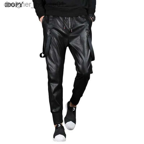 Herrenhosen Idopy Herren Street Kunstleder Jogger Haremshose Hip Hop Knöchelmanschette Elastische Taille Drstring PU Joggingshose für L231129