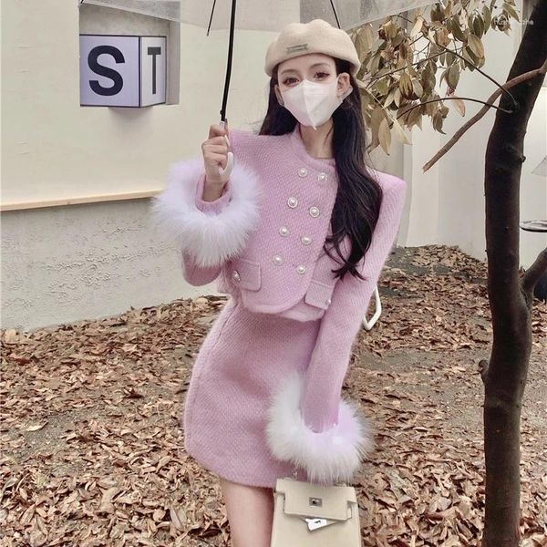 İş elbiseleri Sonbahar Kış Kore Moda Tatlı Kadınlar Kürk manşetleri kaplar ceket mini etek iki parçalar Set Sıradan Zarif Tweed