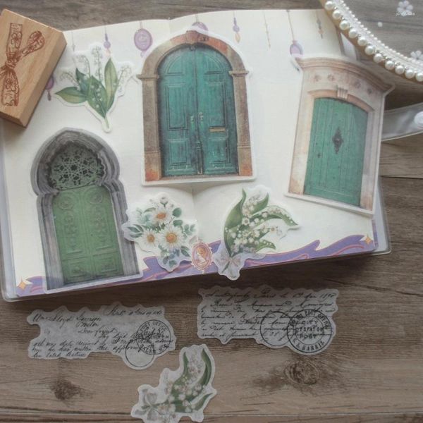 Hediye sargısı 38pcs Eski ev kapı ve pencere çiçekleri tasarım kağıt çıkartması scrapbooking diy paketleme etiketi etiketi dekorasyon