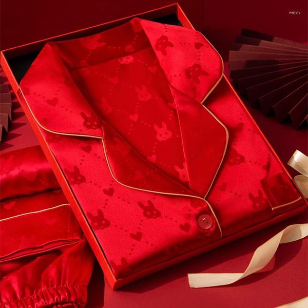 Indumenti da notte da donna 2023 Lucky Red Luxury Stain Pigiama Set Cartoon stampato pigiama di seta da donna 2 pezzi camicia e pantaloni morbido natura