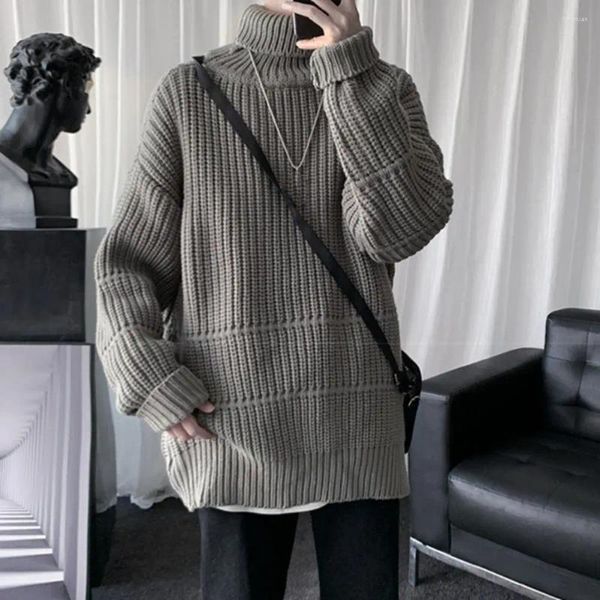 Мужские свитера, мужской толстый свитер с высоким воротником, уютный теплый вязаный эластичный противоусадочный свитер средней длины для зимы/осени