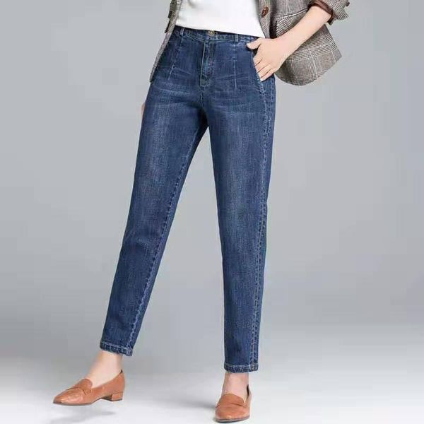 Женские джинсы 2023 Женщины Осень Зимняя Зимняя высокая талия. Тпрпные женские большие размер свободные джинсовые брюки.