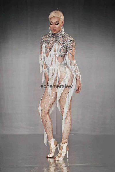 Stage Wear Mangas Compridas Branco Impressão Tassel Sexy Nude Macacões para Mulheres Drag Queen Party Cloing Stage Cantor Come Pole Dance Wearephemeralew