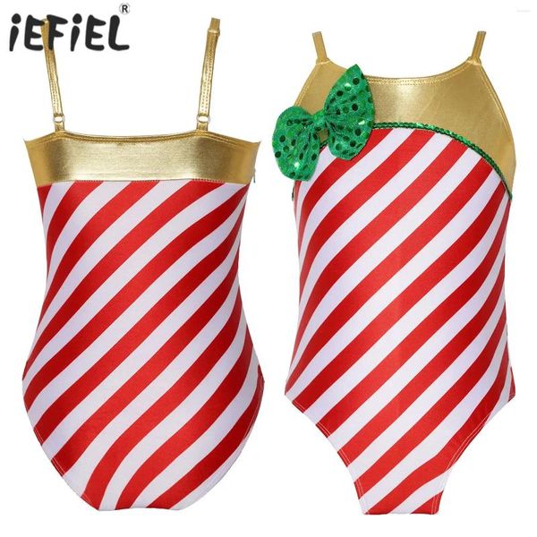 Palco desgaste crianças meninas natal listrado macacão elf festa santa brilhante bowknot bodysuit ginástica ballet dança collant traje