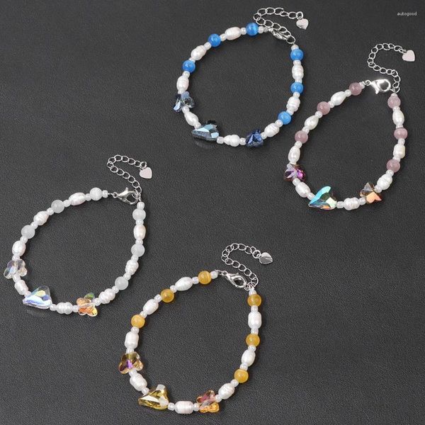 Bracciale in cristallo a forma di cuore lucido per donna, con ciondolo a forma di farfalla sfaccettata, braccialetti di perle naturali, gioielli femminili fatti a mano alla moda