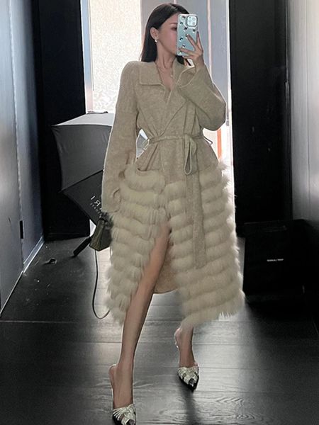 Pelliccia da donna finta da donna design di lusso vera cintura di volpe maglione decorazione autunnale cappotto da donna lungo e spesso in cammello 231129