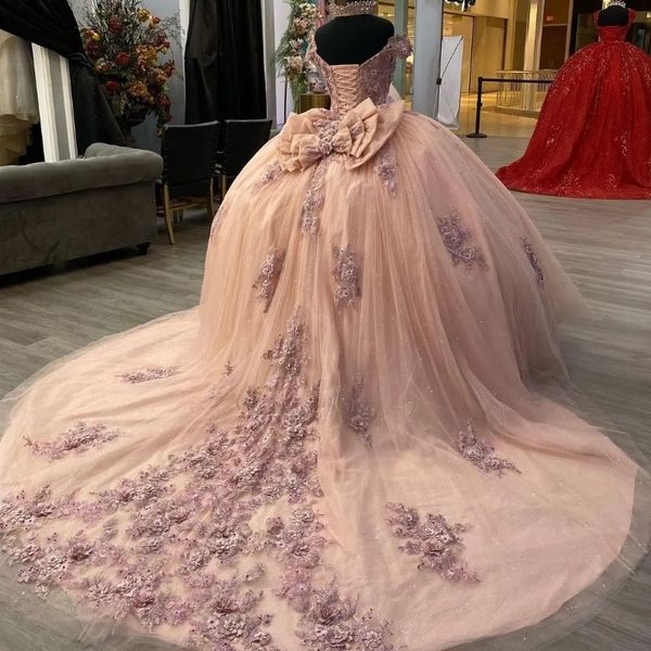 Pembe parlak dantel 3d çiçek aplikeler quinceanera elbiseler yay balo elbiseleri tül prenses tatlı 16 elbise dantel yukarı vestidos de 15