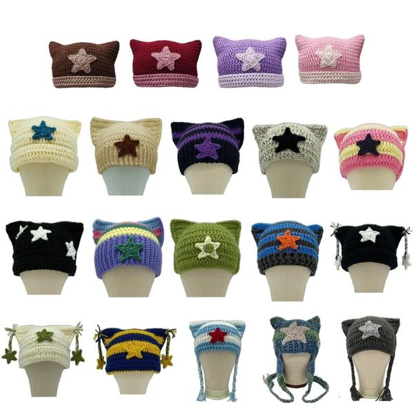 Beanie / Skull Caps Gorro de malha para mulheres Harajuku estilo gato orelha chapéu artesanal crochê chapéu moda y2k estrela chapéu inverno quente headwear 231128