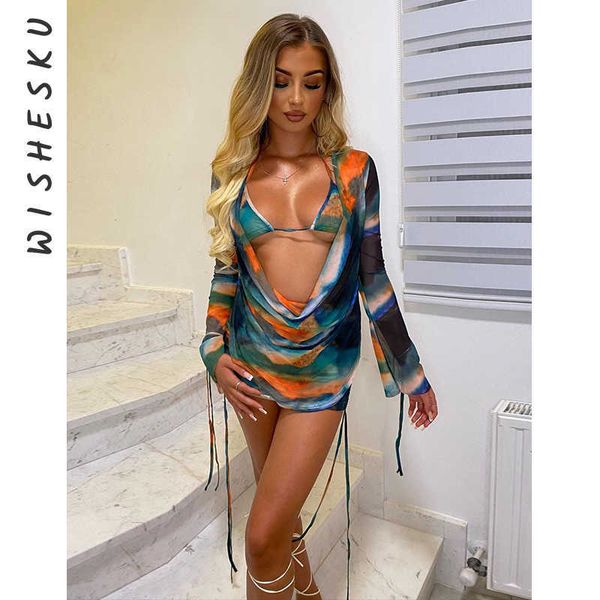 Sexy Set Sexy Slit Cuff Plunge Neck Backless Kordelzug gerafftes Minikleid + Schnür-BH Outfits 2023 Sommer Strandurlaub Zweiteiler P230428