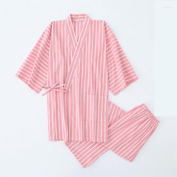 Pijama listrado de casal de roupas de dormir feminino 2pcs de pijama sexy kimono robe vestido de madela