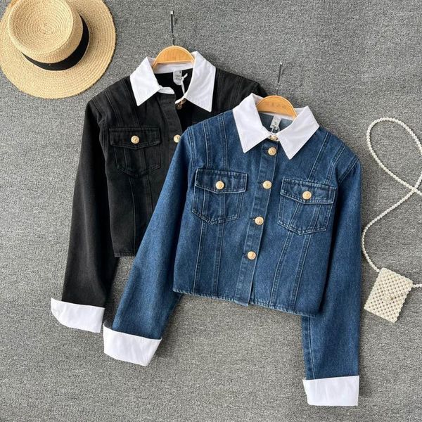 Damenjacken Utumn False Two Pieces of Small Fragrant Wind Design Sense Niche Loose Short Section Longsleeved Denim Jacket