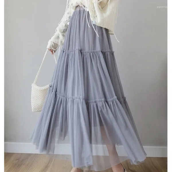 Saias 2023 verão coreano cintura alta saia plissada moda feminina tutu tulle mulheres longo meio comprimento elástico renda malha