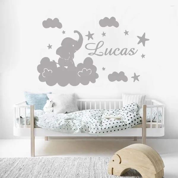 Adesivos de parede Elefante lua estrelas nome personalizado adesivo personalizado meninos meninas decalque bebê quarto berçário decoração arte mural b519