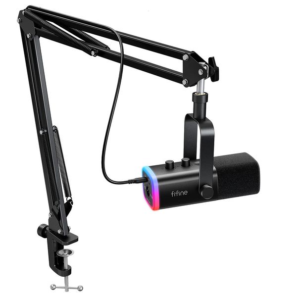 Mikrofonlar Fifine XLR USB Oyun Mikrofon Kiti Kulaklık Jakı Sessiz RGB ARM Stand Dinamik Mikrofon PC PS5 4 Mikser Amplifikasyonu AM8T 231128