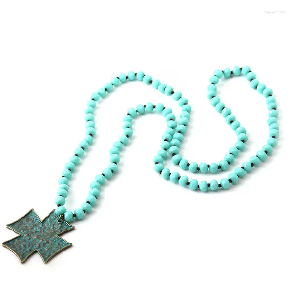 Anhänger-Halsketten MOODPC Fashion Bohemian Tribal Artisan Jewelry Blauer Kristall und Naturstein geknotet mit Kreuz-Pferdekopf-Charm-Halskette