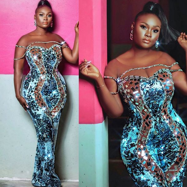 Plus Size Aso Ebi Ballkleid mit blauen Hosen, Meerjungfrau, Juwel, Spiegelperlen, Abendkleider, Kleider für den zweiten Empfang, Geburtstagsfeierkleid, afrikanische arabische Festzugskleider ST499