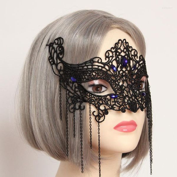 Saç klipleri Gotik cadı siyah dantel uzun püsküllü maskeler kadınlar için parti mücevherleri