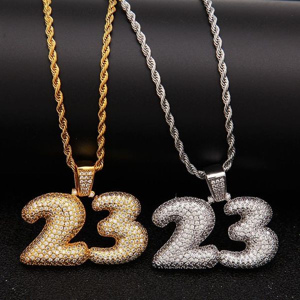 Collana con pendente personalizzato da uomo con lettera a bolle numero 23 Collana con pendente Hip Hop completamente ghiacciato Cubic Zirconia in oro CZ Stone219L