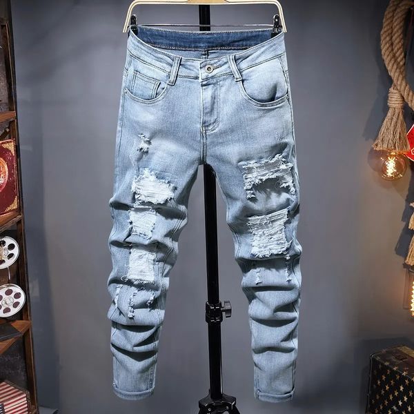 Damen Jeans Herren Zerrissene Herbst Designer Slim Fit Schwarz Blau Denim Hosen Männliche Distressed Destroyed Hosen 231129