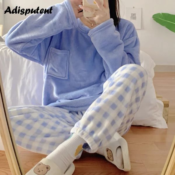 Mulheres pijamas outono inverno pijamas kawaii dos desenhos animados conjunto de pijama feminino simples flanela sem alças vestido de noite 231129