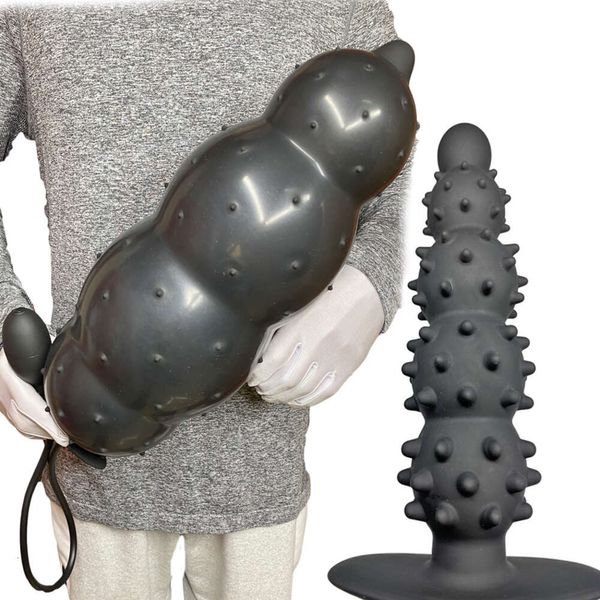 Massaggiatore giocattolo del sesso Diametro 13 cm Spina anale con particelle di dildo gonfiabile con 5 perline Colonna in silicone incorporata Giocattolo culo enorme