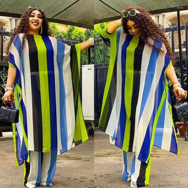 Roupas étnicas 2023 Plus Size Primavera 2 Peça Chiffon Africano Roupas para Mulheres Vestido de Festa de Verão Dashiki Top Calças Terno Rua Casual