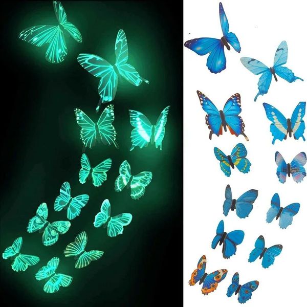 Adesivi murali 1224 pezzi Farfalla luminosa 3D per la casa Bambini Camera da letto Soggiorno Frigo Decalcomanie Glow In Dark Wallpaper Decor 231128