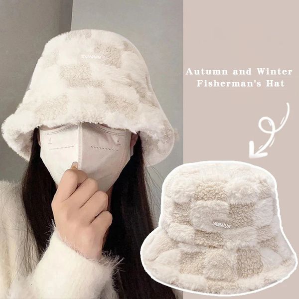 Breite Krempe Hüte Eimer JK Koreanische Plaid Plüsch Verdicken Warme Hut Für Frauen Mädchen Faux Pelz Fischer Panama Kappe Outdoor winddicht Becken 231129