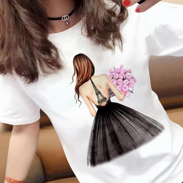 Magliette da donna Harajuku Pretty Lady Immagini stampate T-shirt bianca slim casual da donna Top a maniche corte Tshirt streetwear di moda